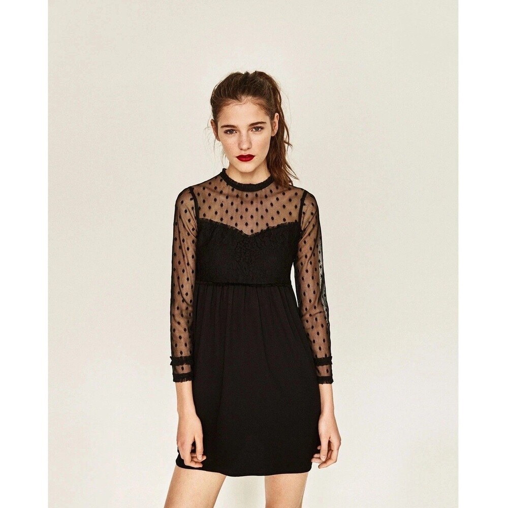 Zara Basic XS Lace Mini Dress Black Swiss Polka Dot Mesh Babydoll Long Sleeve